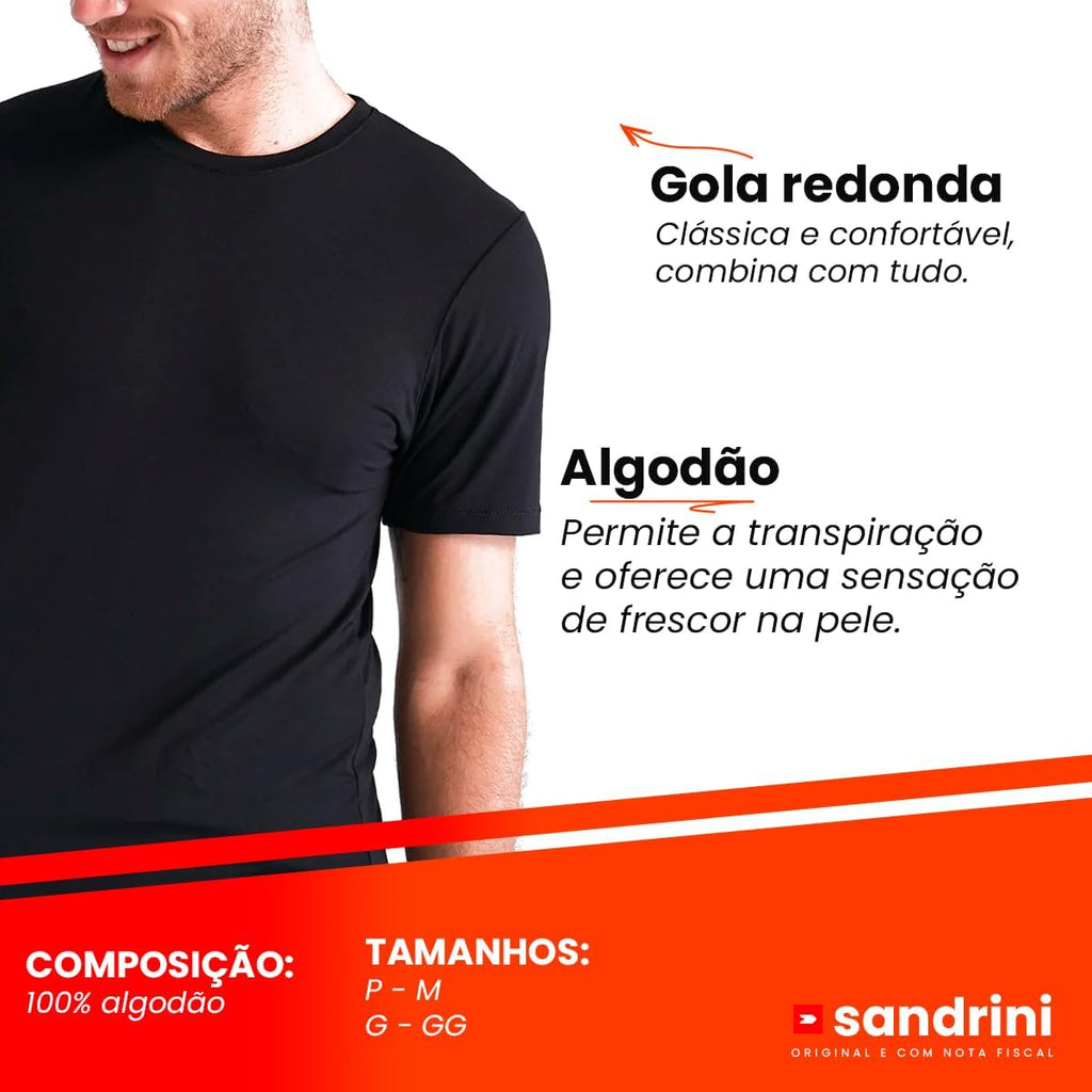 Kit 3 Camisetas Básicas Masculinas Sandrini Preto ou Sortido Algodão Premium Conforto Casual Dia a Dia