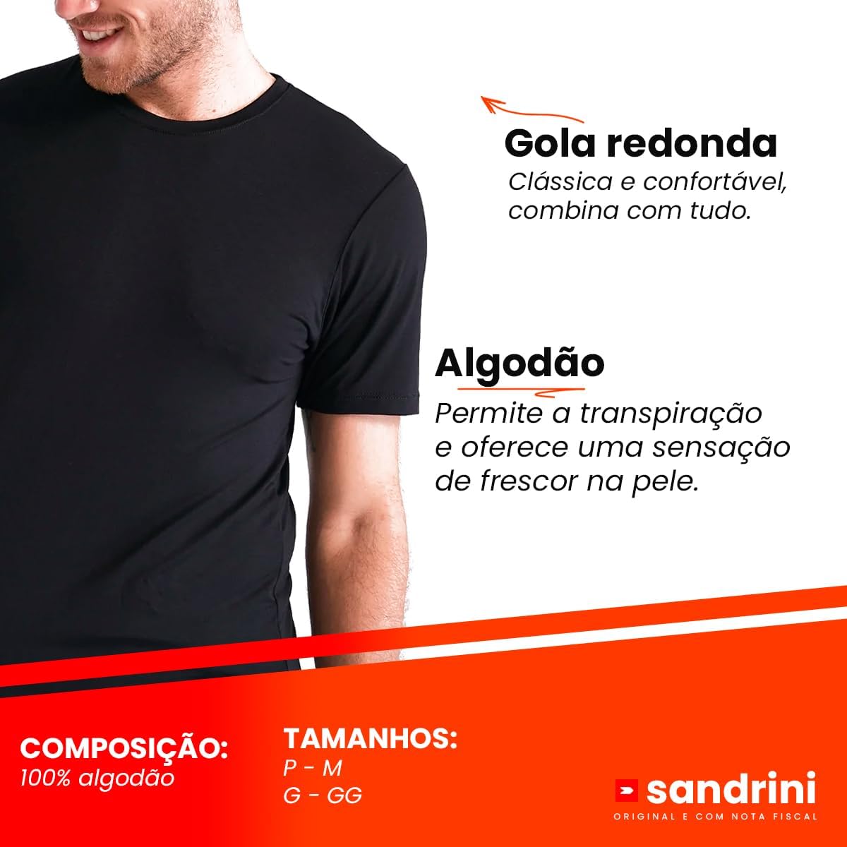 Kit 3 Camisetas Básicas Masculinas Sandrini Preto ou Sortido Algodão Premium Conforto Casual Dia a Dia
